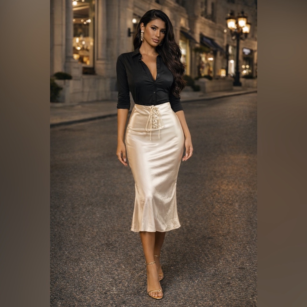 Ivory Silk Sculpt Midi Skirt”